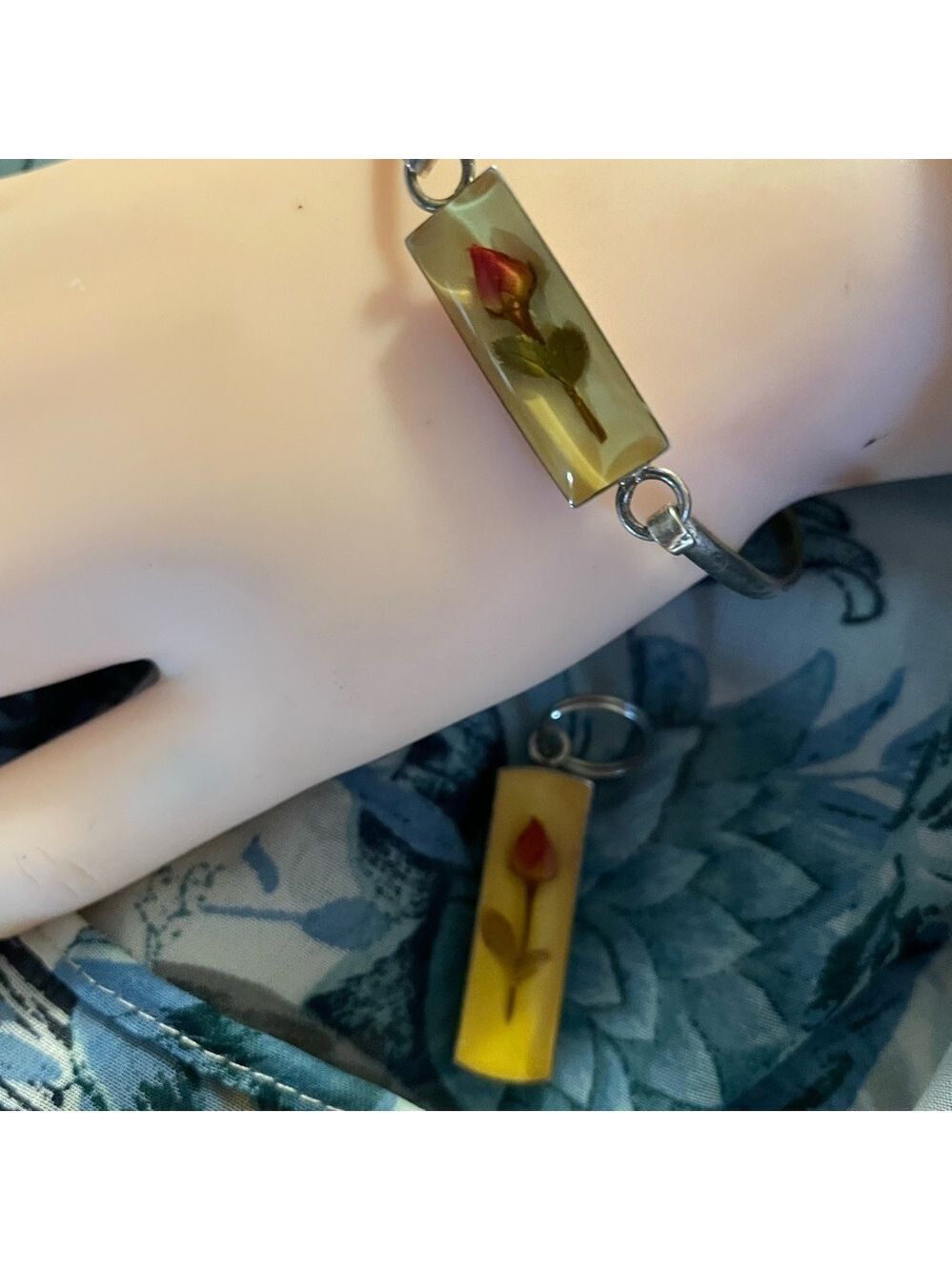 Bracelet, Vintage 925 Silver Bangle w/Rose in Resin, and Matching Pendant